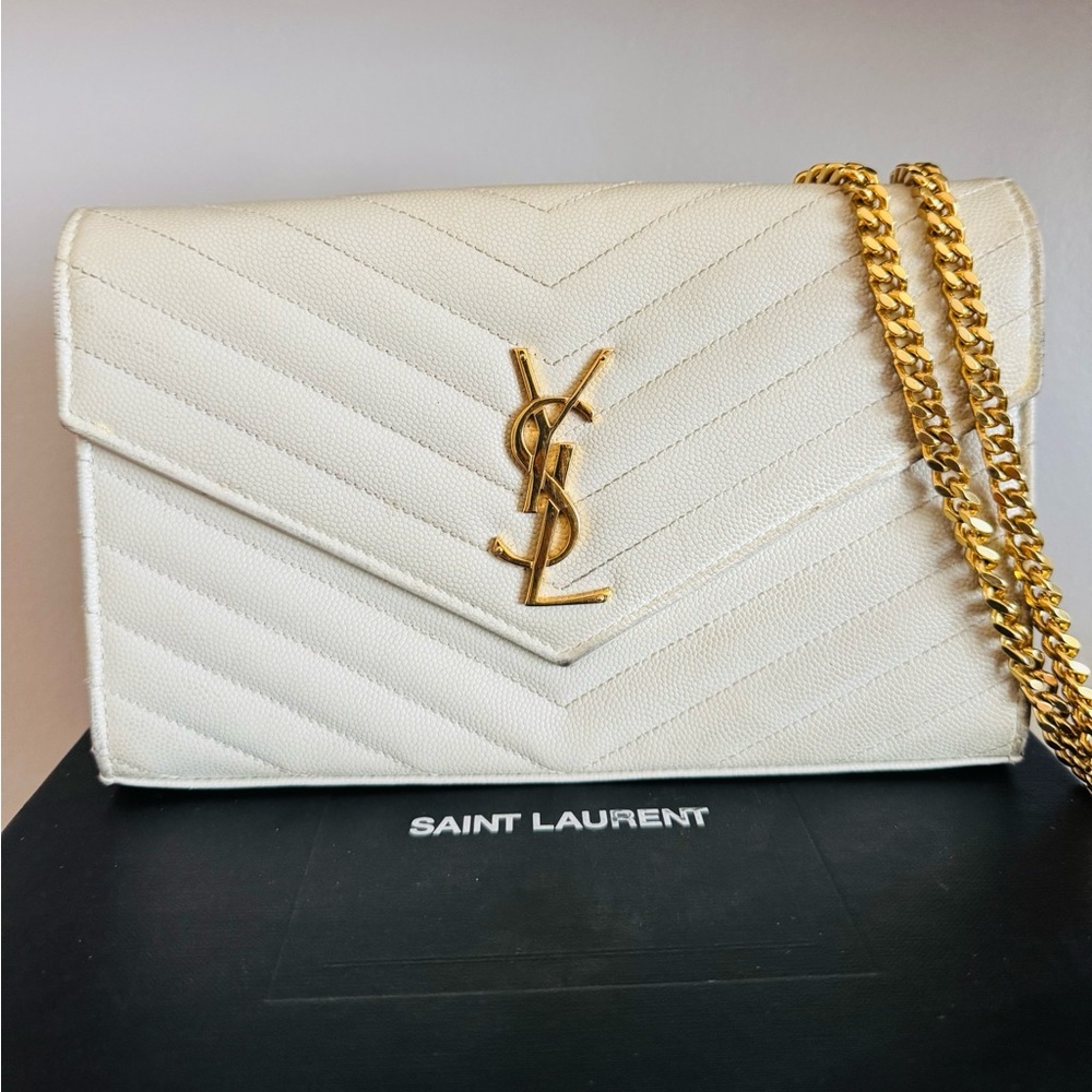 Used Saint Laurent White and Gold Chevron Quilted Clutch